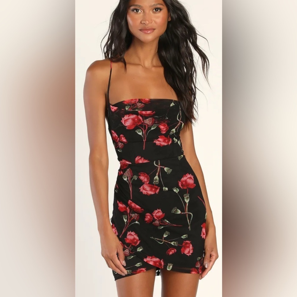 Lulu’s Queen of Roses Black Floral Print Lace-Up Mini Bodycon Dress mesh Sz M